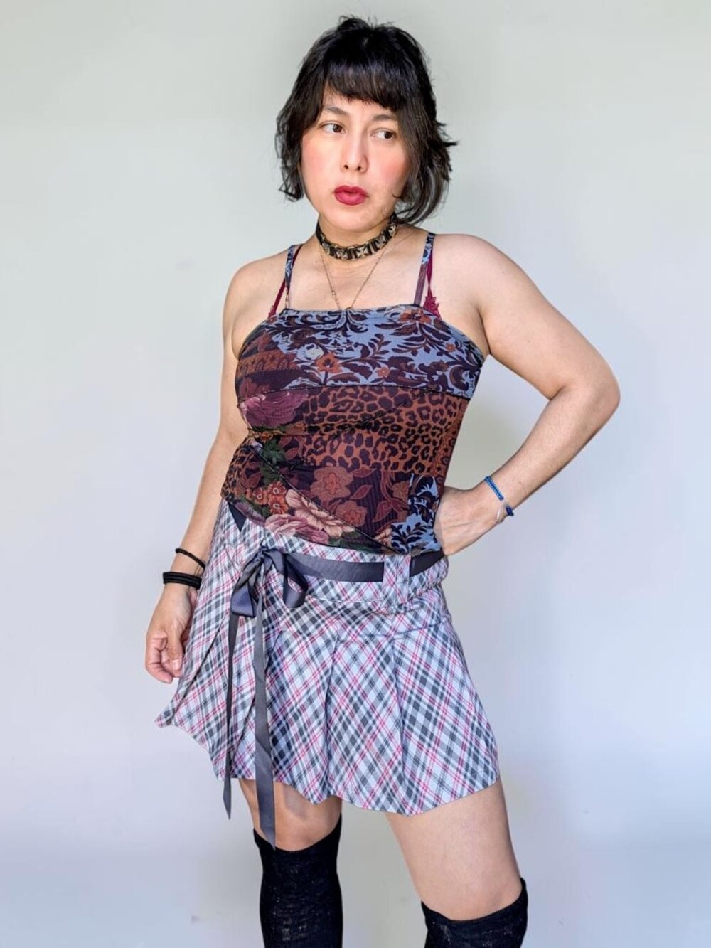 Urban Outfitters Y2K mixed animal print floral patchwork mesh overlay ruffle top